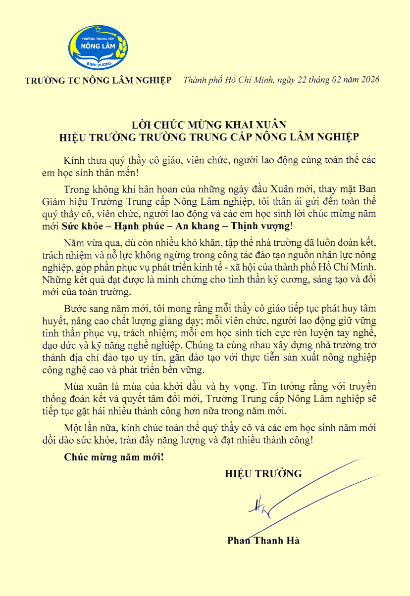 Lời chúc mừng khai xuân đầu năm mới của Hiệu trưởng Trường Trung cấp Nông lâm nghiệp